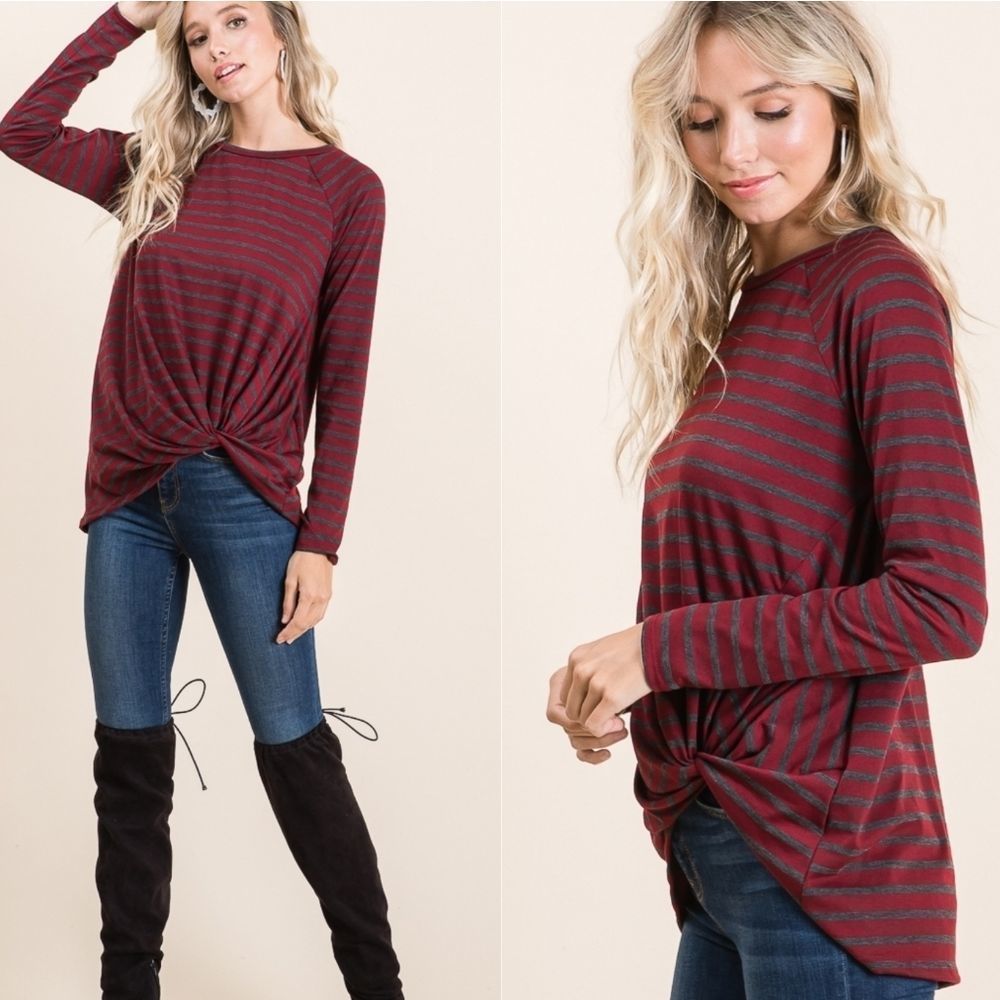 Burgundy Stripe Long Sleeve Twisted Top